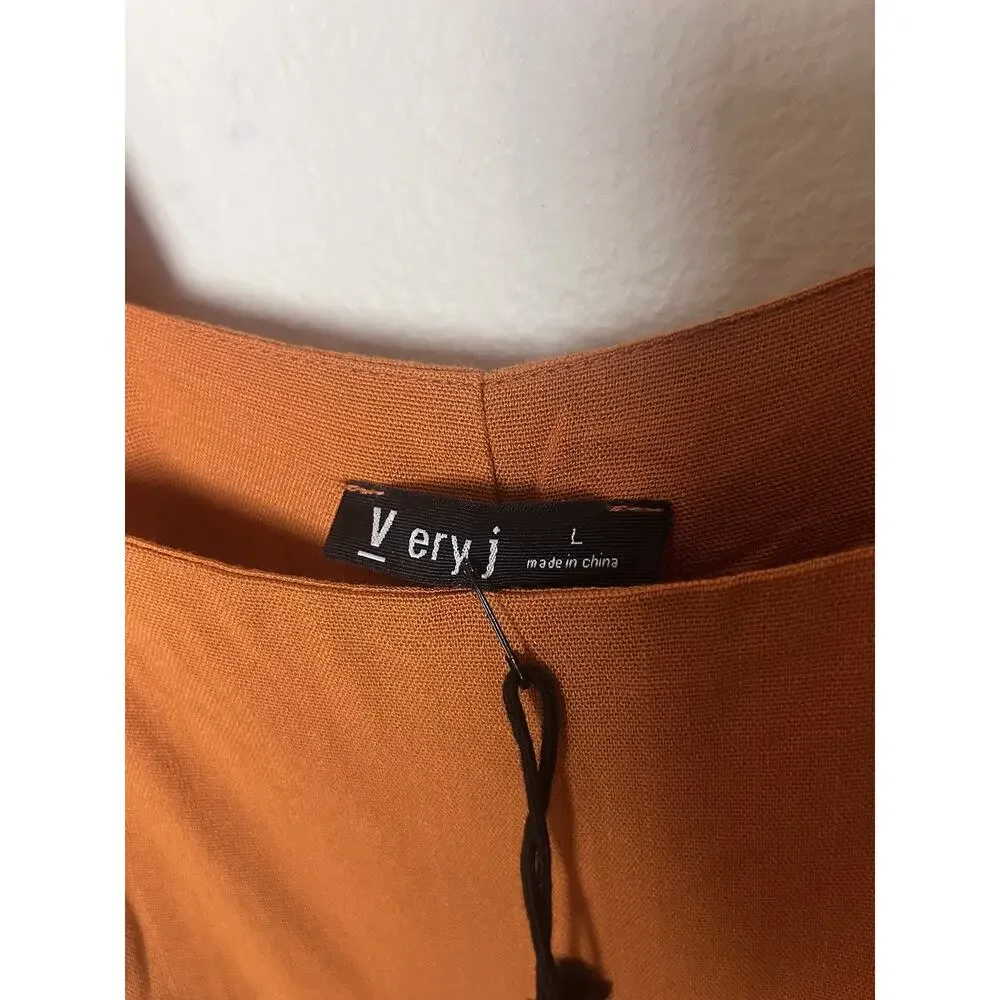 NWT Very J Wide Leg Palazzo Jumpsuit Women’s Sz Large Camel Orange Smocked - Picture 12 of 13